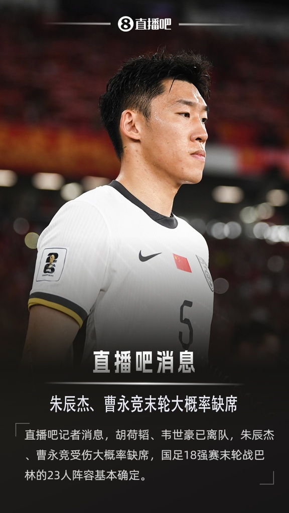 直播吧:朱辰杰、曹永竞大概率缺席,国足战巴林23人阵容基本确定